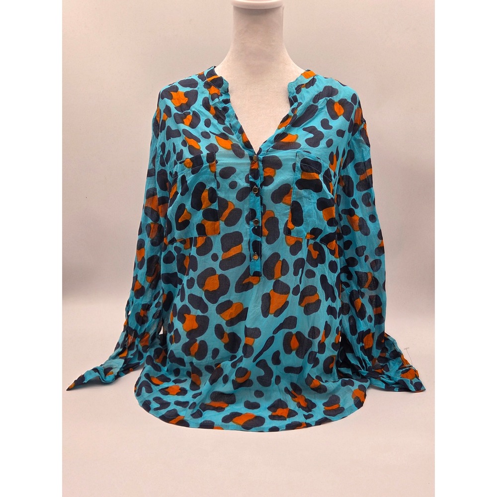 Cotton Daisy Plus 1X Turquoise Leopard Print Cotton Tunic Blouse 101-504